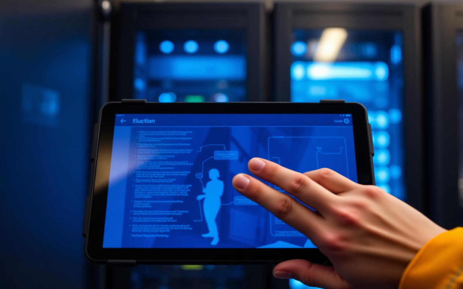 Technician documenting completed work on a rugged tablet in a data center.