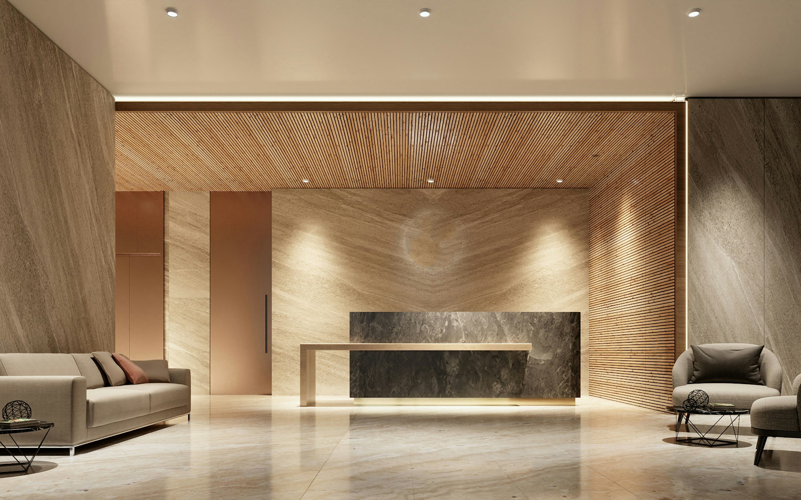 Finished commercial reception lobby with polished floors and contemporary seating.