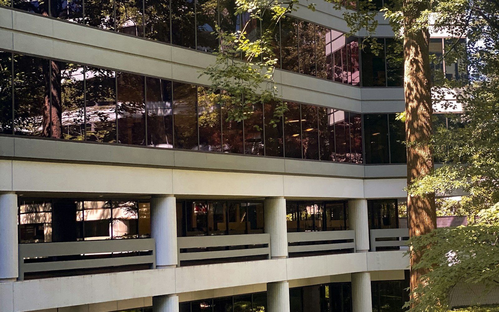 Landscaped corporate office property with structured parking and mature trees.